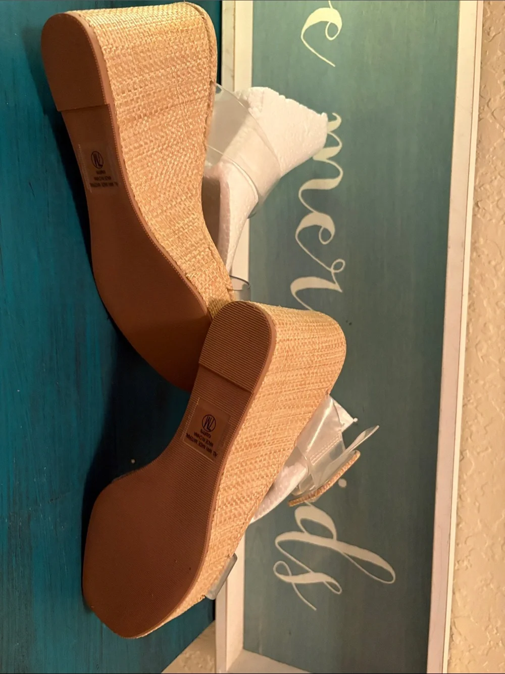 NWOB Clear Strap Raffia Wedge Sandals in Tan